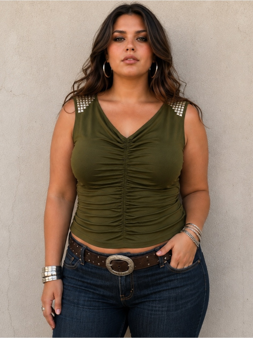 Y2K Baby Phat Olive Green Ruched Studded Going Out Top Plus Size 2XL